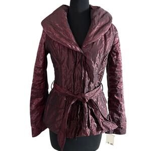 Cache Berry Metallic Sheen Jacket Lined Belt Puffer Exaggerated Collar NWT $238